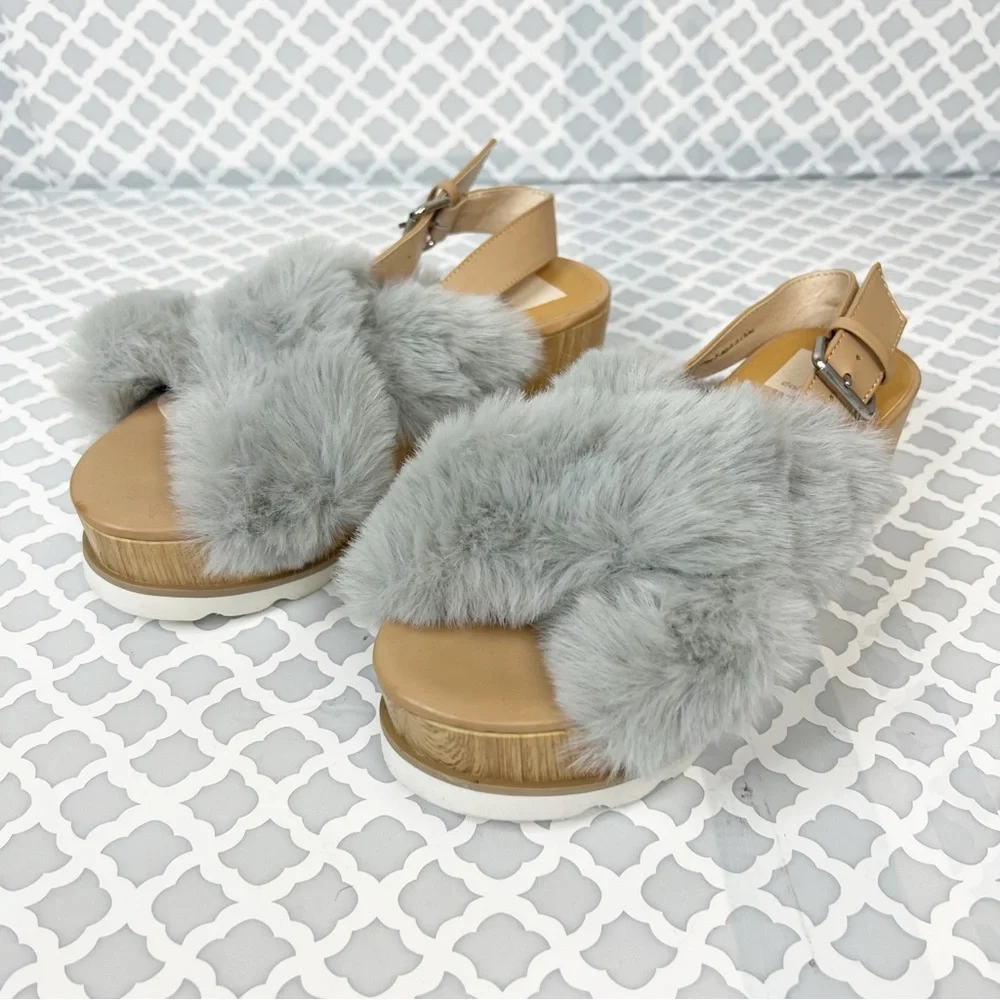 NWOB Dolce Vita Grey Faux Fur Ankle Strap Wedge Sandal